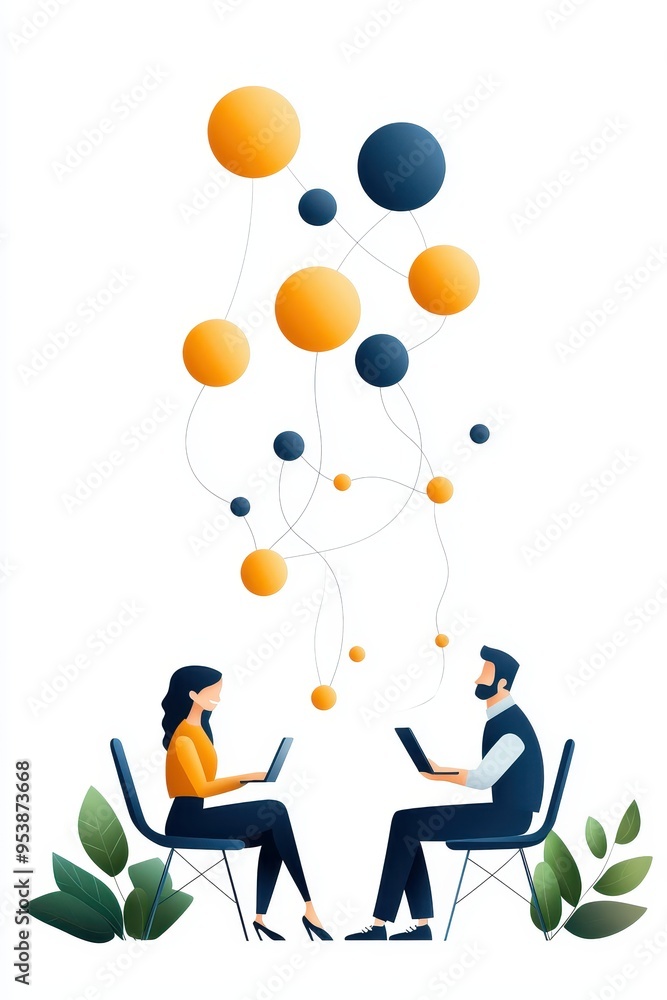 Fototapete Abstract illustration of two people using laptops with interconnected data nodes above, symbolizing collaboration and network connectivity.