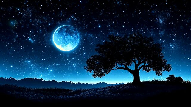 Silhouetted tree under a bright full moon and starry sky, creating a tranquil night scene. Celestial nature concept. Seamless looping 4k time-lapse video background
