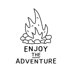 Minimalist linear illustration with burning bonfire and text on white background