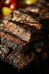 A 45 Angle shot of beef brisket with a smoky f