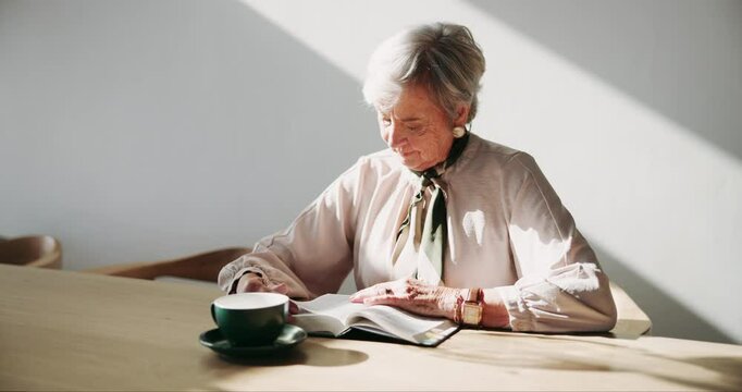 Elderly woman, reading and faith for bible study, heaven and learning knowledge of Christian scripture. Senior person, religion and coffee for spiritual worship or teaching of gospel of Jesus Christ