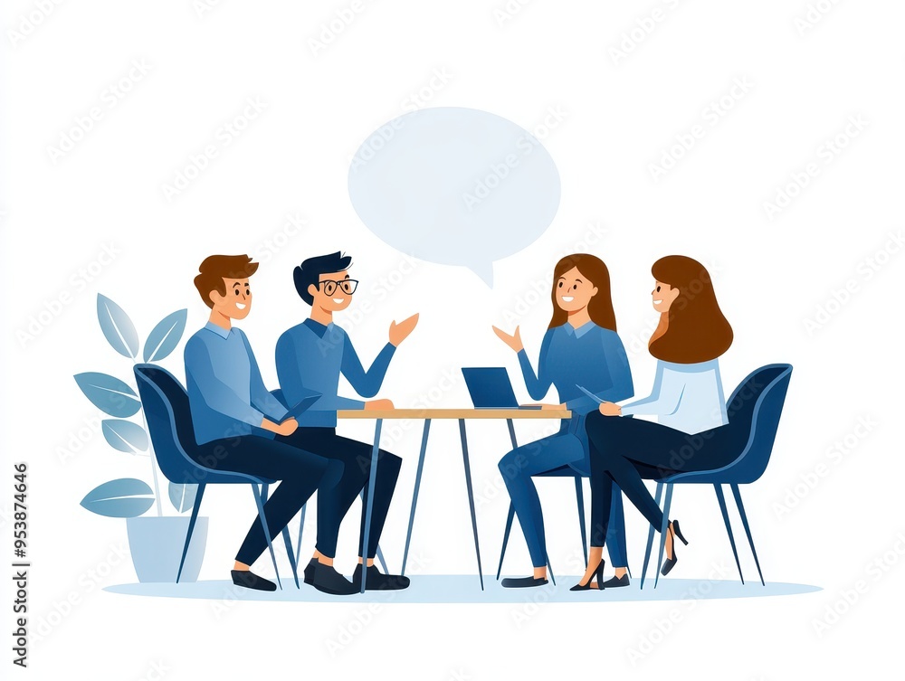 Poster Illustration of a business meeting with four colleagues discussing ideas around a table. Speech bubble above for text input. Business concept.