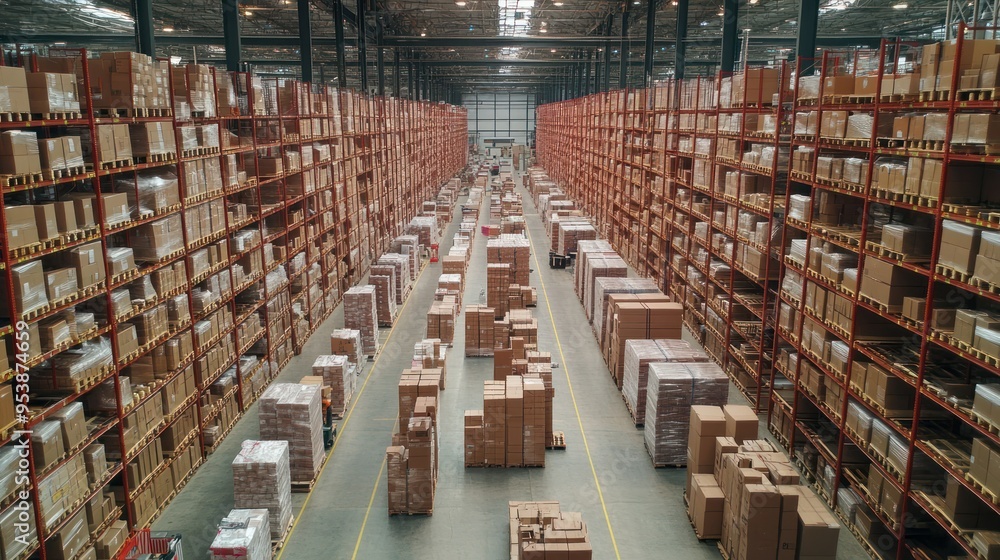 Poster large warehouse with rows of stacked cardboard boxes