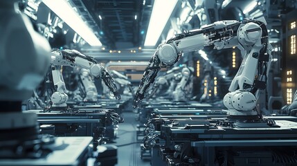 Futuristic High-Tech Manufacturing Facility with Robotic Arms Assembling Products