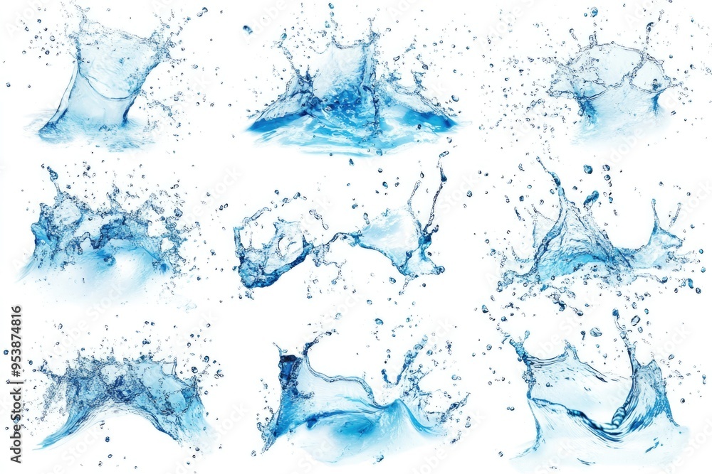 Poster collection of dynamic water droplets and splashes in various sizes and forms.