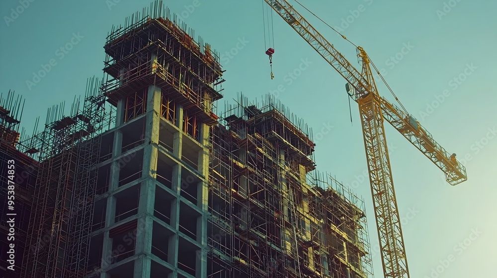 Poster bustling construction site with cranes and workers building large structures