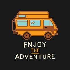 banner of camper trailer and inscription on black background