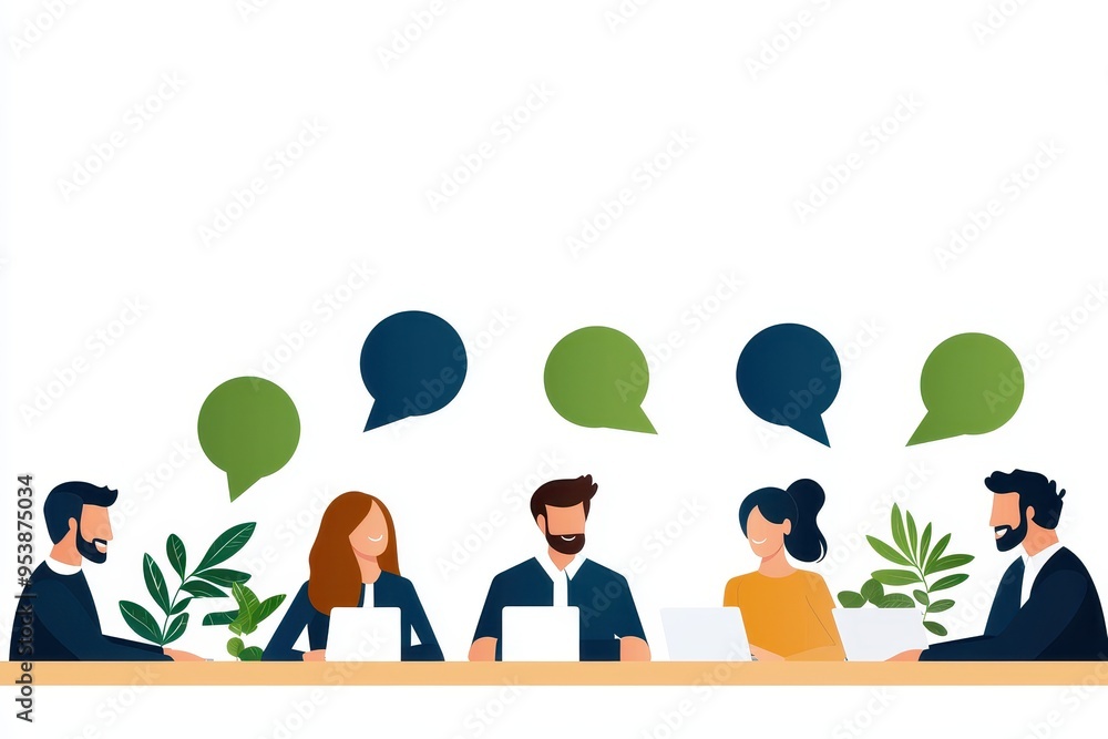 Aufkleber Illustration of a group of people having a discussion at a table with speech bubbles. Collaborative teamwork and communication concept.