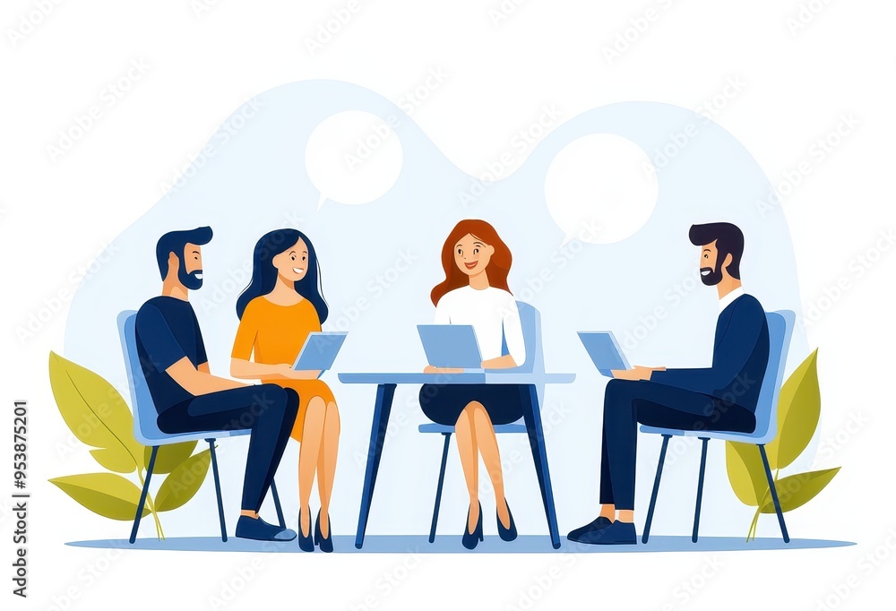 Poster illustration of a team meeting around a table, discussing, and working on laptops, emphasizing colla
