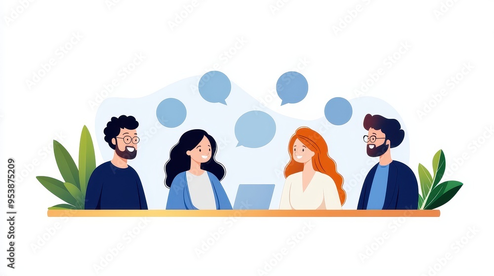 Poster illustration of a team meeting with four people discussing and sharing ideas, represented with speec