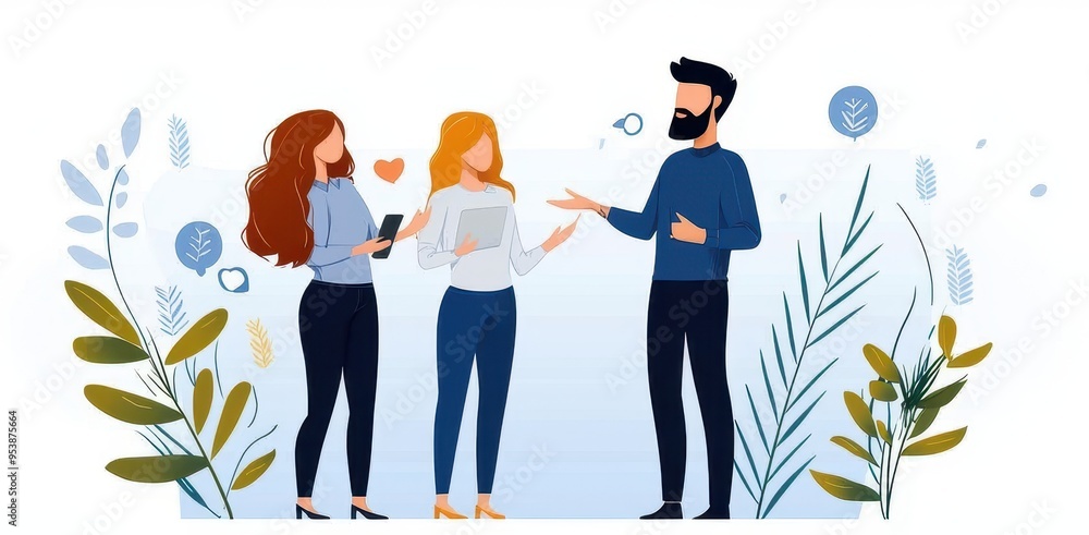 Poster illustration of three people having a discussion in a casual setting, surrounded by abstract foliage