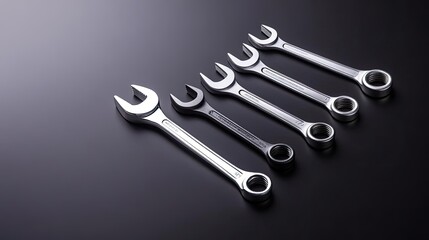 A professional mechanic's wrench arranged on a sleek black background with dramatic lighting perfect for promoting durable automotive tools focusing on strength and reliability