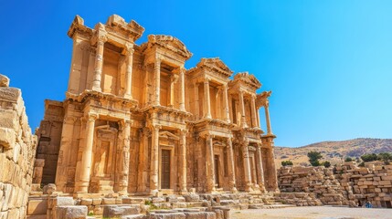 Obraz premium Ancient Roman Library of Celsus in Ephesus, Turkey, under a bright blue sky, displaying historic architecture and cultural heritage.