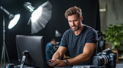 A professional photographer reviewing shots on a monitor while the crew resets the lighting and background for the next setup great for capturing the technical side of a high-end p