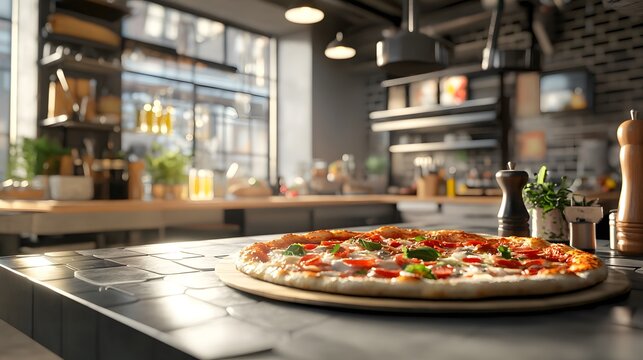 A 3D-rendered pizza with fresh toppings being prepared in a lively pizzeria