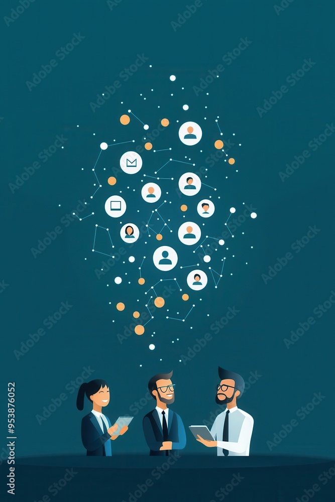 Aufkleber team of business professionals sharing ideas and networking with connected icons. collaboration, com