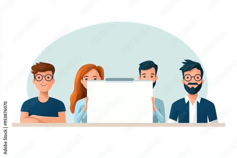 Aufkleber team of four diverse young professionals collaborating on a project, working together in a creative 