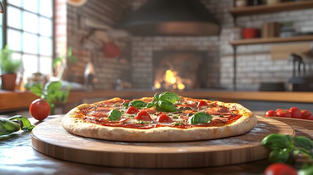 A 3D-rendered pizza with fresh toppings being prepared in a lively pizzeria