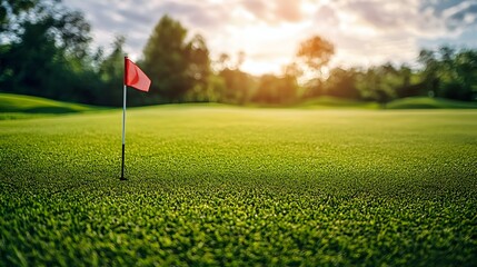 Obraz premium Tranquil Golf Course with Flag in Hole and Lush Green Grass Scenery
