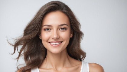 Naklejka premium Portrait visage femme belle souriant publicité cheveux bruns.