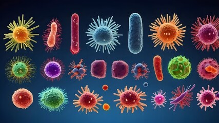 Collection of microbes pathogen cell with different types of bacteria and virus isolated on background, various types infection disease cells.