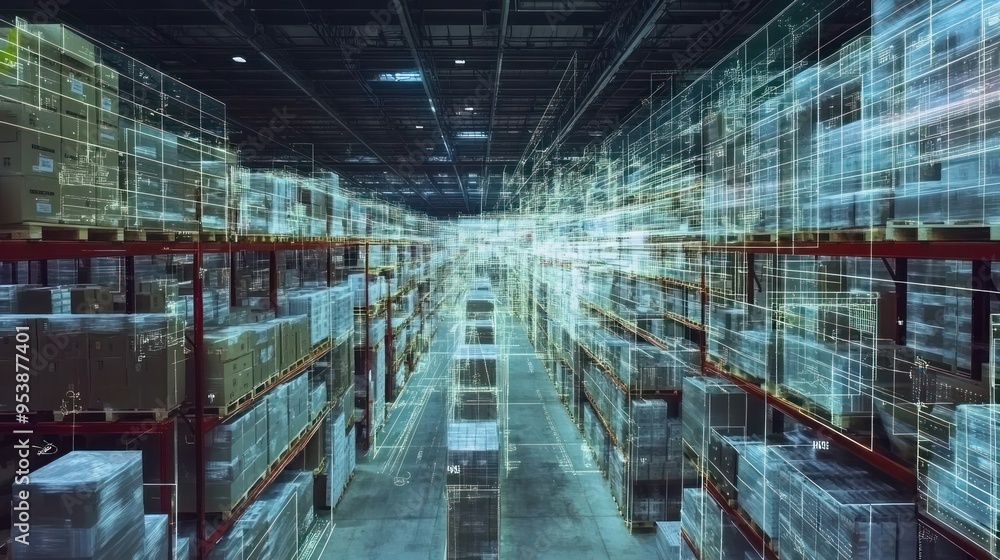 Poster Warehouse with Digital Overlay Showing Inventory Management and Data Flow