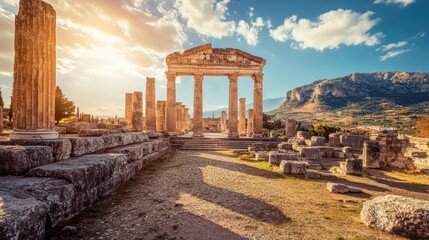 Obraz premium Ancient ruins of a Greek temple under a beautiful sunset sky, showcasing the historical architecture and scenic landscape.