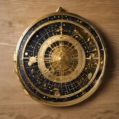 Naklejka premium A golden astrolabe with tiny moving celestial bodies, resting on a polished oak desk