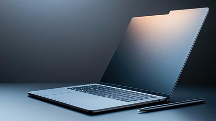 A sleek black background highlighting a high-end laptop and stylus under focused studio lights perfect for promoting tech devices used by graphic designers focusing on precision an