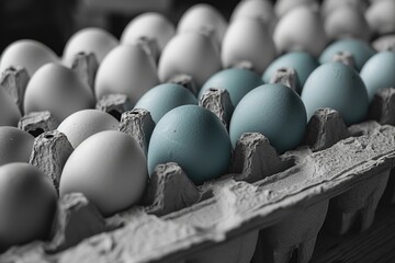 Variety of eggs in a carton, with one blue egg standing out. Eggs are organized neatly.