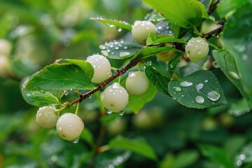 Fototapeta premium Berry bush with clear dew droplets on the leaves and berries, fresh and vibrant greenery