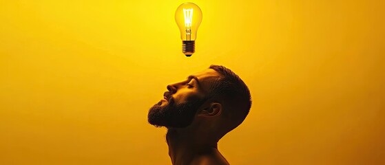 Bright idea moment lightbulb floats above man head glowing vividly solid yellow background conceptual minimalism creative thinking sharp focus on idea