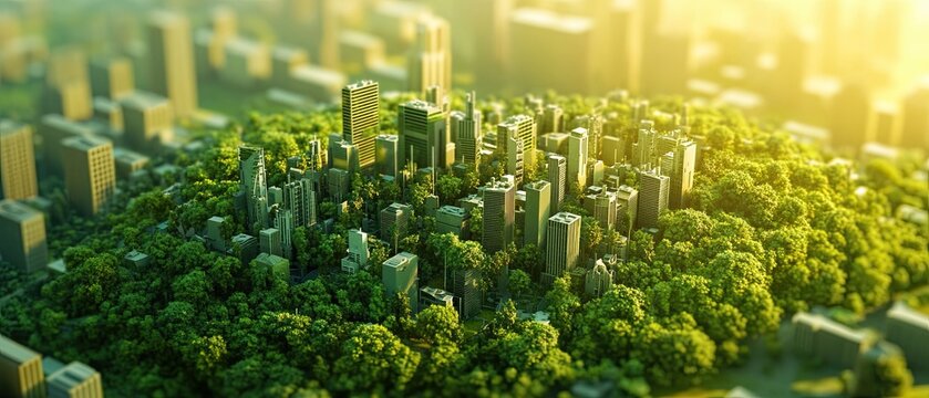 Green corporate social responsibility eco-conscious business practices environmental impact 3D render sustainable development renewable energy solutions green urban planning eco-friendly architecture