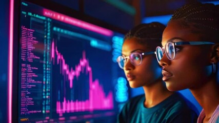 Two Professionals Focused on Neon Financial Data in a High-Tech Environment - Powered by Adobe