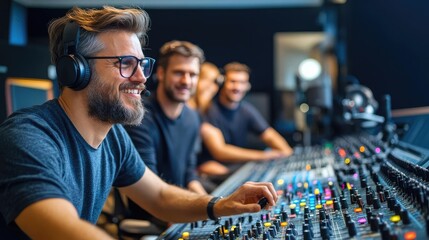 A sound engineer adjusting the sound levels on a mixing board while the director gives final instructions to the actors on set ideal for showing the technical side of film producti