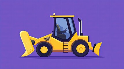 Fototapeta premium Minimal flat design backhoe loader on solid purple background clean lines simplified form high contrast bold appearance isolated