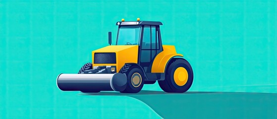 Fototapeta premium Flat design road roller on solid teal background minimalistic approach streamlined structure bold color palette sharp contrasts isolated