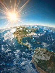 Fototapeta premium Sunlight shining through clouds over continents