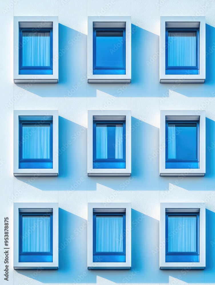 Poster a modern building with a row of windows reflecting the sunlight. the window frames are blue, creatin