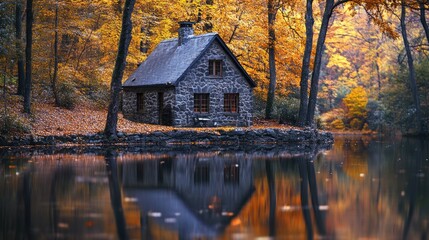 Charming cabin nestled by water surrounded by fall foliage.