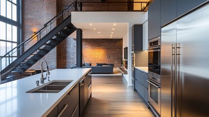 Modern kitchen with sleek appliances, minimalist design, and an open-plan layout in a contemporary loft