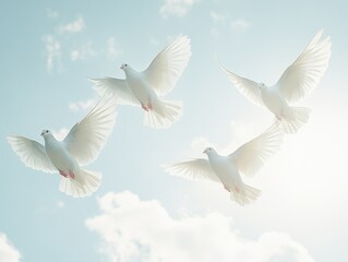 Obraz premium Three doves soaring in clear skies.