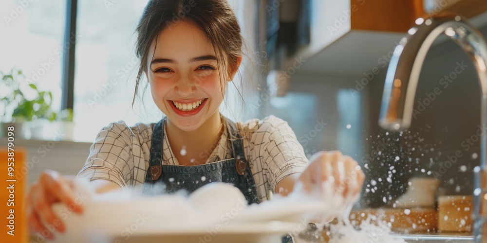 Wall mural A happy woman wearing an apron, washing dishes and smiling. She's standing in a modern kitchen with clean countertops.