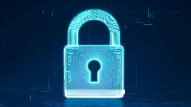 A spinning holographic wireframe of a server tower with a digital padlock in blue color on a dark blue background.