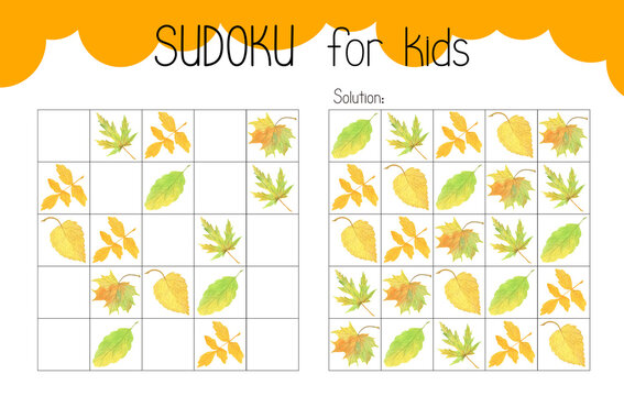 Sudoku educational game, leisure activity worksheet watercolor illustration, printable grid to fill in missing images, autumn leaves seasonal topical vocabulary, puzzle with solution, teacher resource