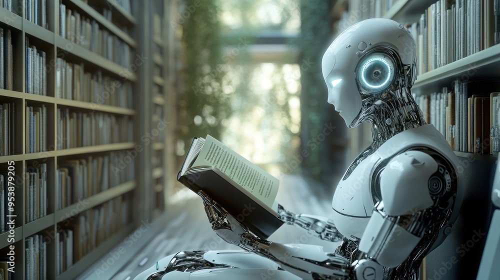 Poster a robot reading in a library