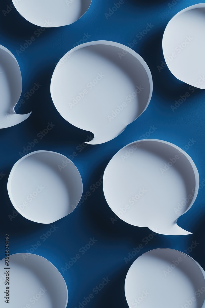 Poster digital artwork of a collection of white speech bubbles with negative space surrounding them against