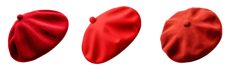 Set of red beret. Isolated on transparent background.