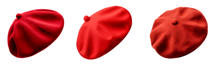 Set of red beret. Isolated on transparent background.