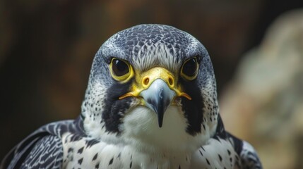 Obraz premium A close-up shot of a sharp-eyed falcon with a pointed beak, captured in detail against a blurred background, highlighting its piercing gaze and natural hunting instincts.